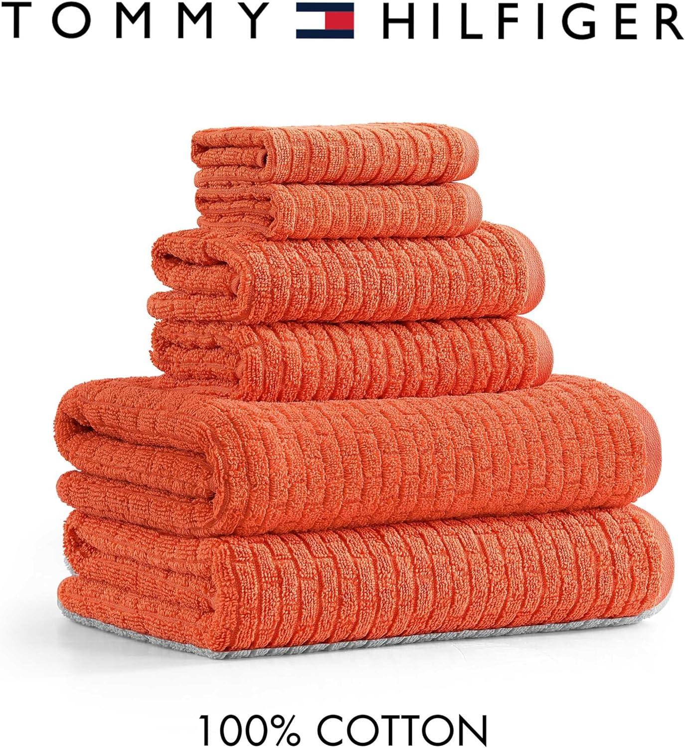 imageTommy Hilfiger Bath Towel Set Absorbent Cotton with Zero Twist Construction Medium Weight Dorm Essentials OekoTex Certified Brick Texture White 6 PackBrick Texture Orange