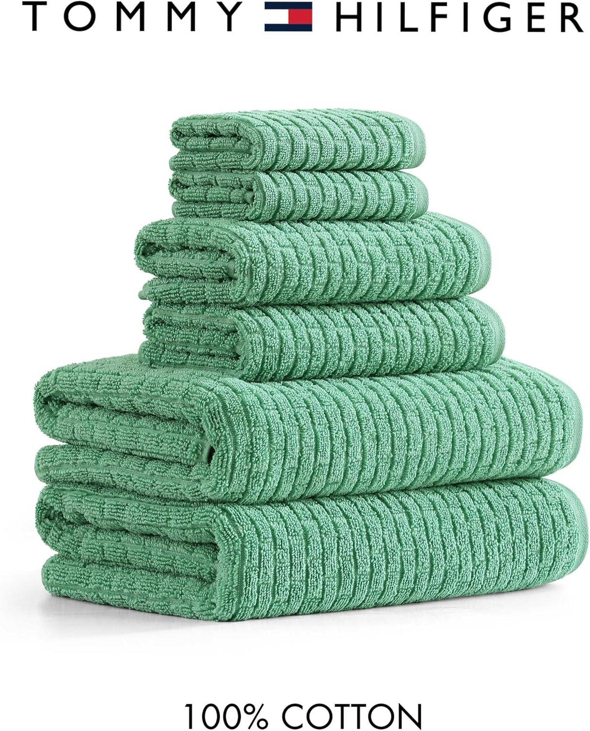 imageTommy Hilfiger Bath Towel Set Absorbent Cotton with Zero Twist Construction Medium Weight Dorm Essentials OekoTex Certified Brick Texture White 6 PackBrick Texture Medium Green