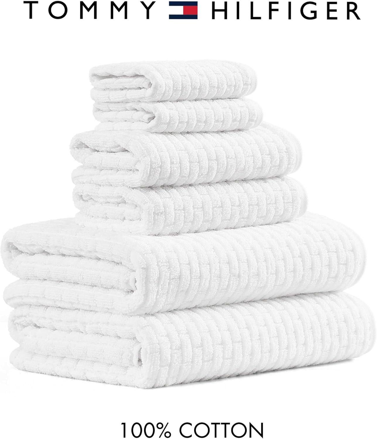 imageTommy Hilfiger Bath Towel Set Absorbent Cotton with Zero Twist Construction Medium Weight Dorm Essentials OekoTex Certified Brick Texture White 6 PackBrick Texture White