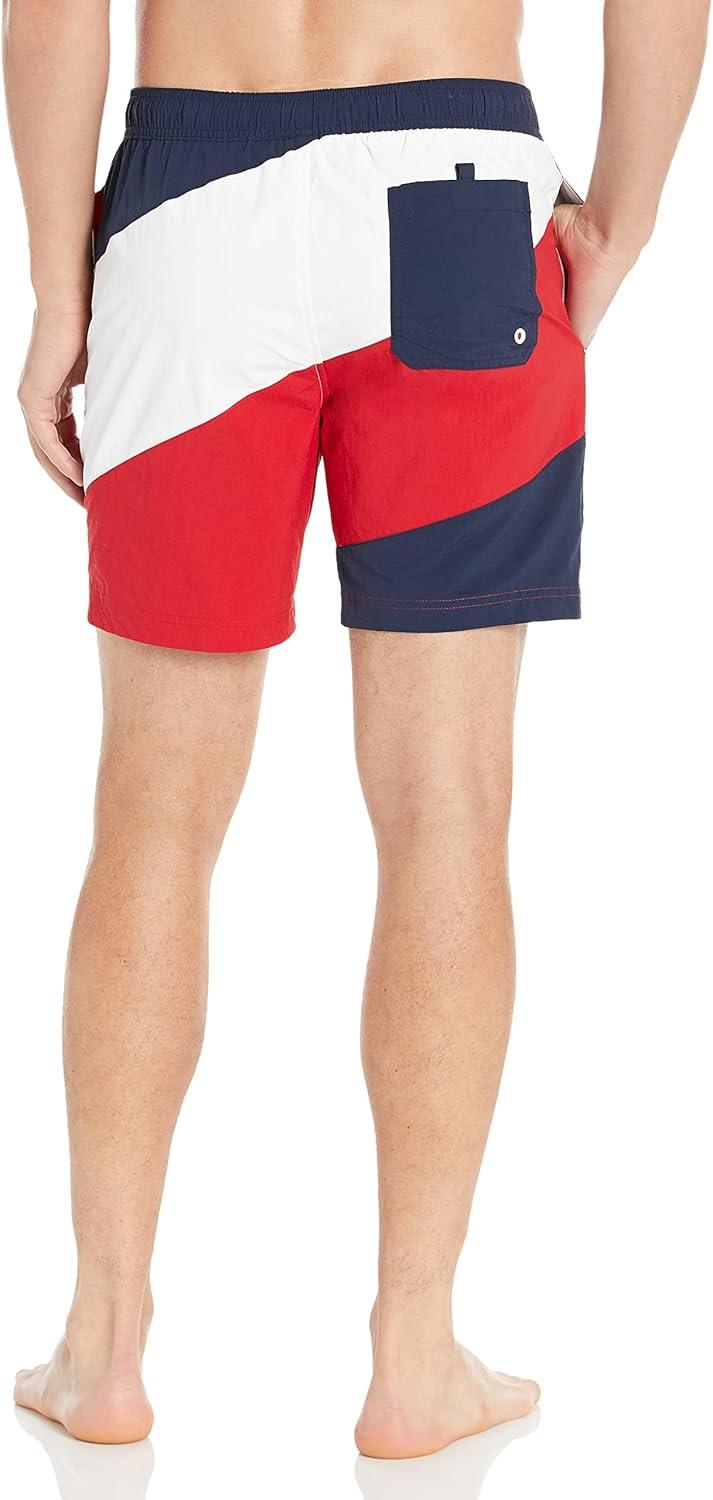 imageTommy Hilfiger Mens 7 Flag Swim Trunks with Quick DryApple Red Stripe