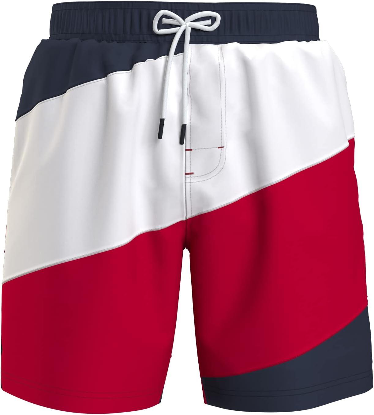 imageTommy Hilfiger Mens 7 Flag Swim Trunks with Quick DryApple Red Stripe