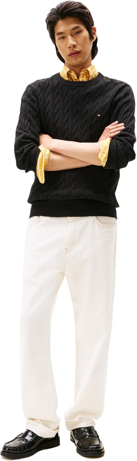 imageTommy Hilfiger Mens Cable Knit Crewneck Sweater Lightweight PulloverBlack