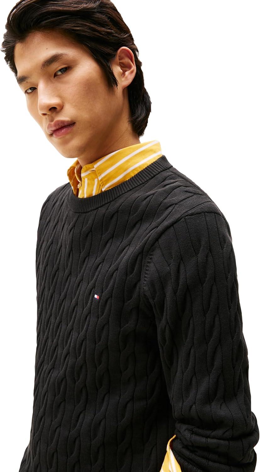 imageTommy Hilfiger Mens Cable Knit Crewneck Sweater Lightweight PulloverBlack