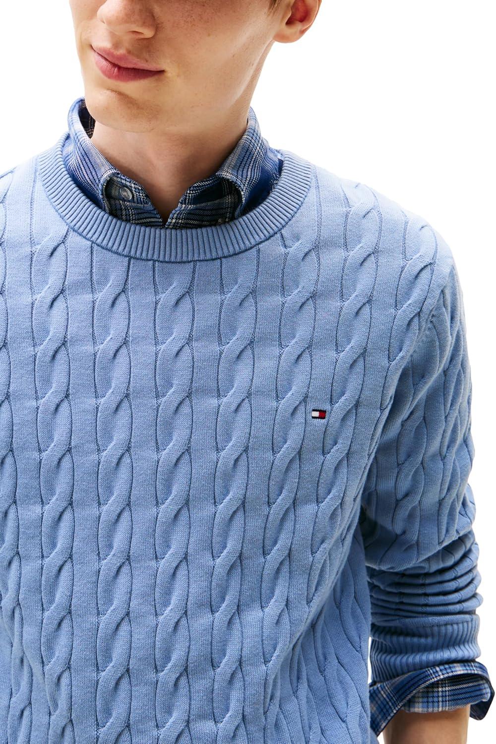 imageTommy Hilfiger Mens Cable Knit Crewneck Sweater Lightweight PulloverBrisk Blue