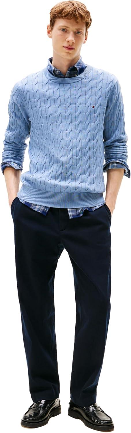 imageTommy Hilfiger Mens Cable Knit Crewneck Sweater Lightweight PulloverBrisk Blue