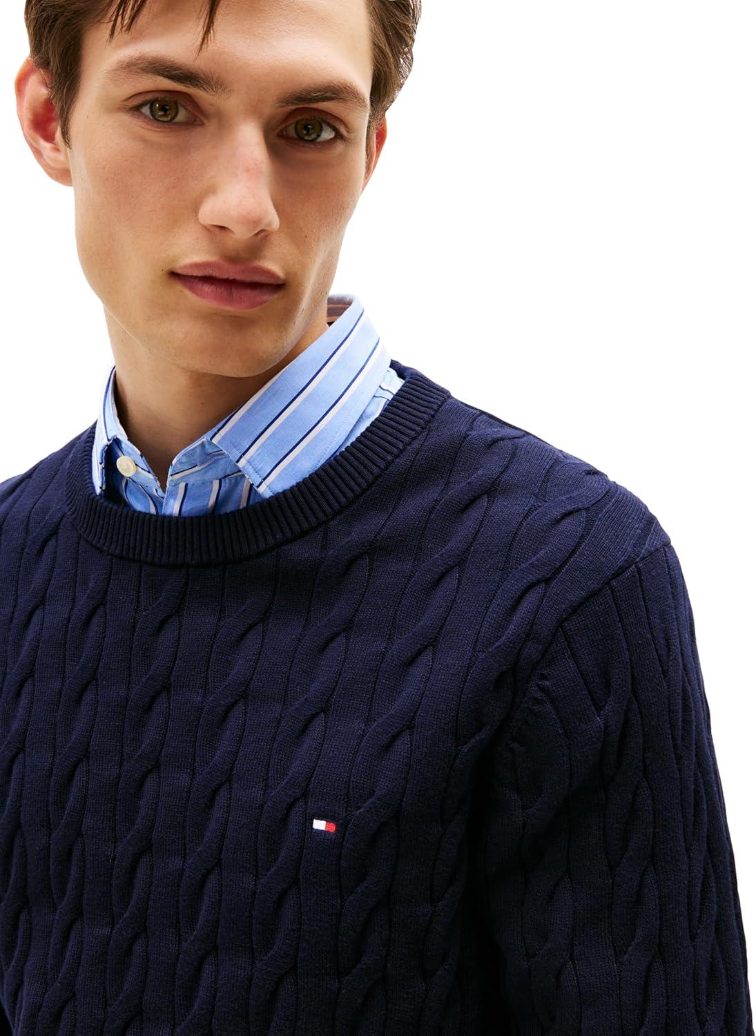 imageTommy Hilfiger Mens Cable Knit Crewneck Sweater Lightweight PulloverDesert Sky