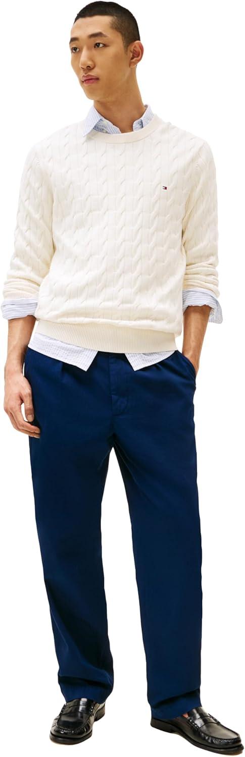 imageTommy Hilfiger Mens Cable Knit Crewneck Sweater Lightweight PulloverIvory Petal