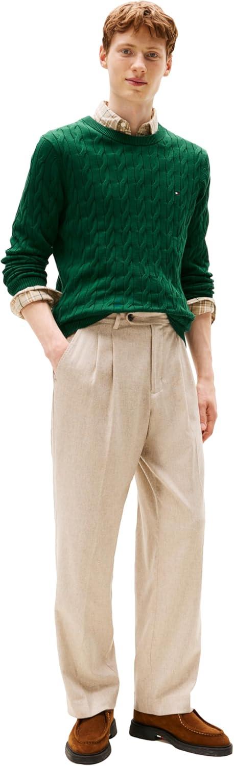 imageTommy Hilfiger Mens Cable Knit Crewneck Sweater Lightweight PulloverOrnamental Green