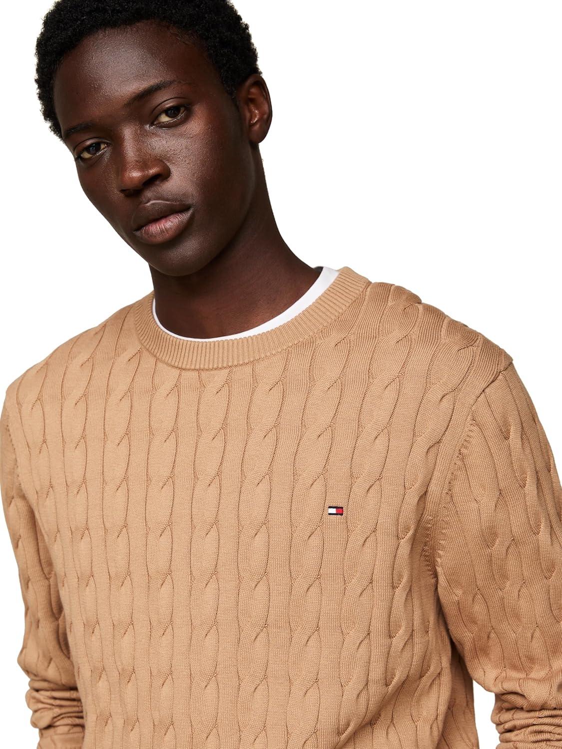 imageTommy Hilfiger Mens Cable Knit Crewneck Sweater Lightweight PulloverSafari Canvas