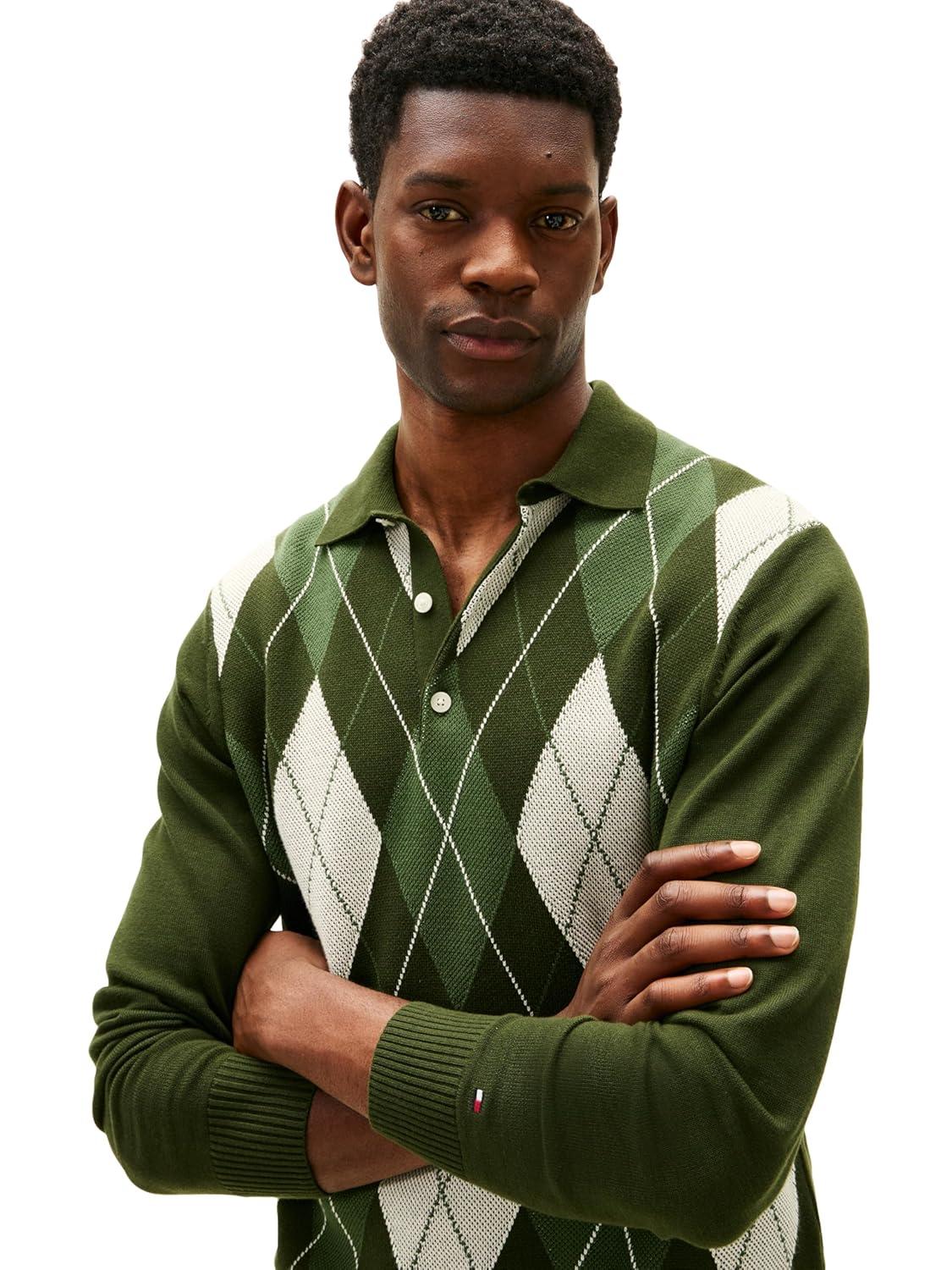 imageTommy Hilfiger Mens Cotton Argyle Long Sleeve Pullover Sweater PoloArctic Spruce