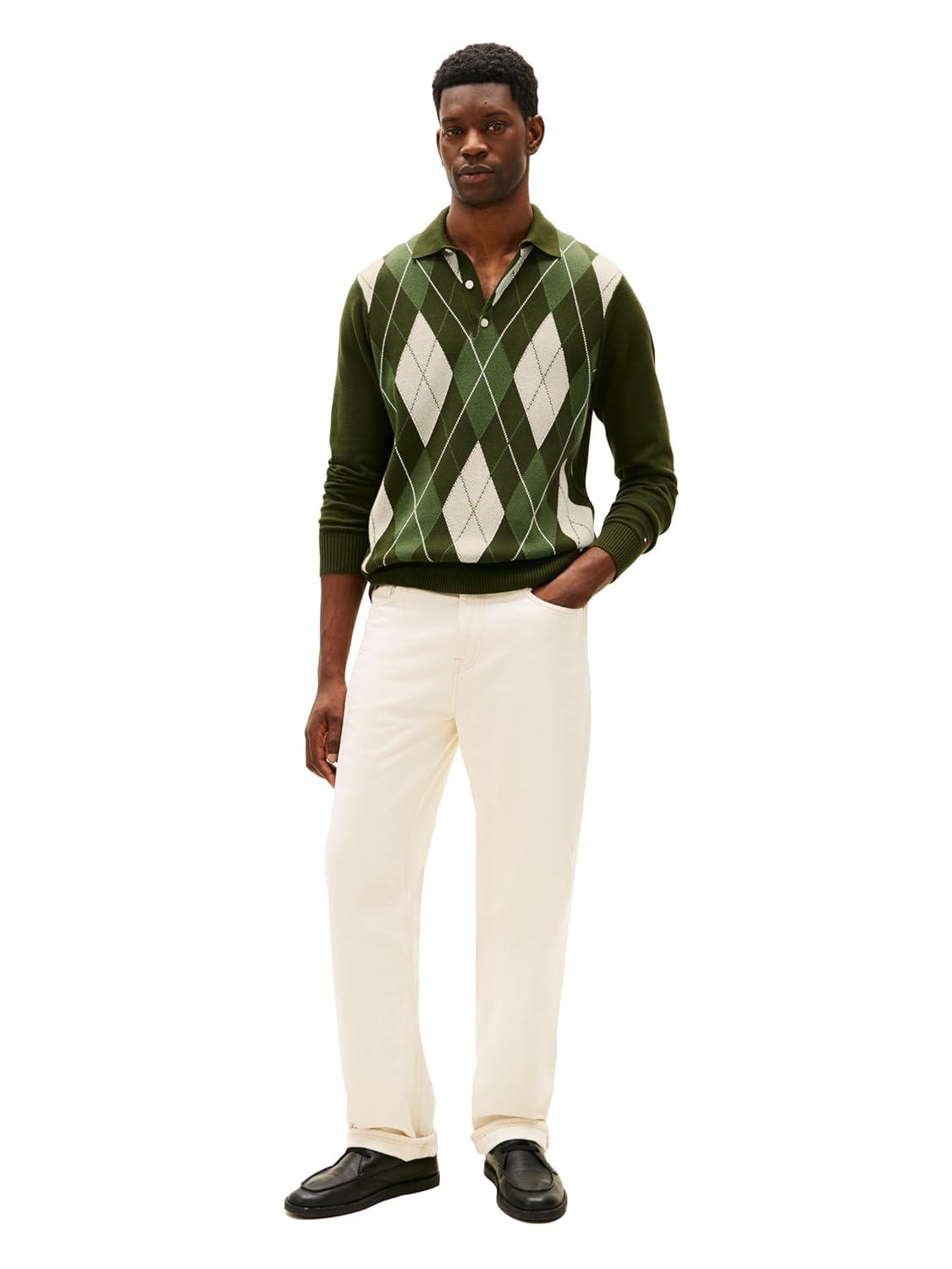 imageTommy Hilfiger Mens Cotton Argyle Long Sleeve Pullover Sweater PoloArctic Spruce