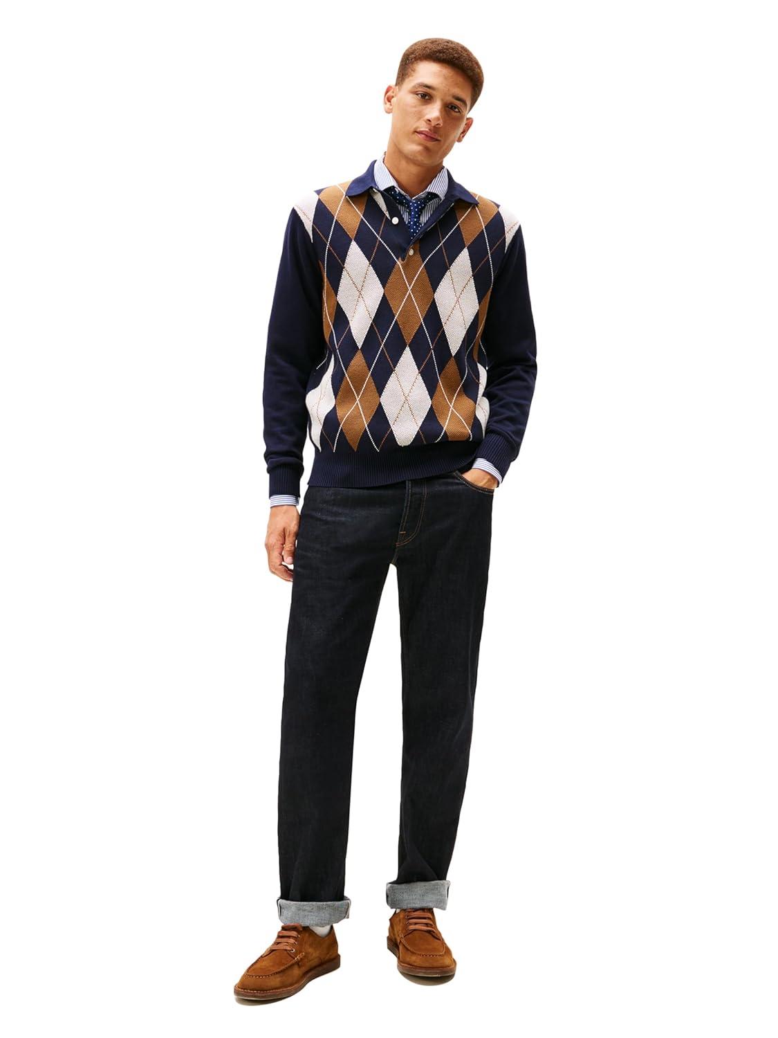 imageTommy Hilfiger Mens Cotton Argyle Long Sleeve Pullover Sweater PoloDesert Sky