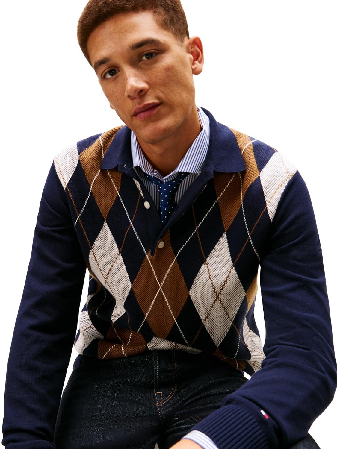 imageTommy Hilfiger Mens Cotton Argyle Long Sleeve Pullover Sweater PoloDesert Sky