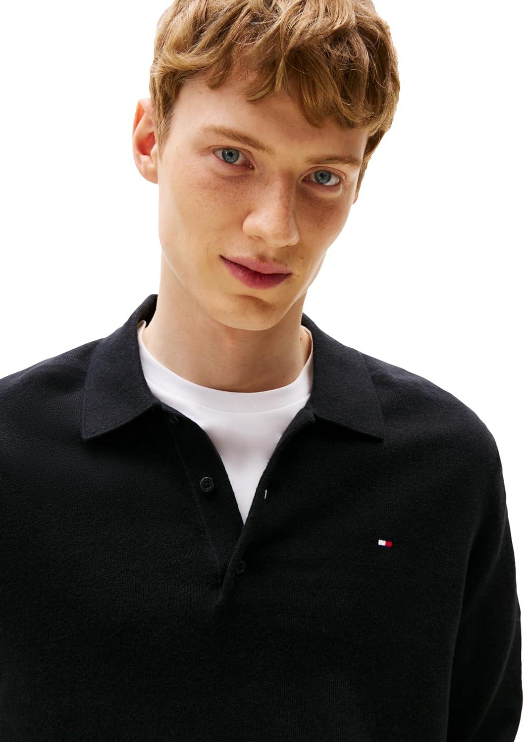 imageTommy Hilfiger Mens Cotton Cashmere Long Sleeve Pullover Sweater PoloBlack