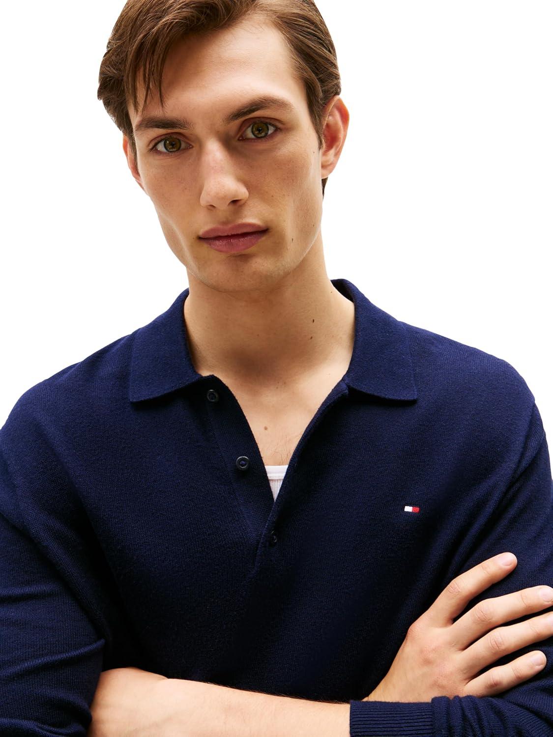 imageTommy Hilfiger Mens Cotton Cashmere Long Sleeve Pullover Sweater PoloDesert Sky