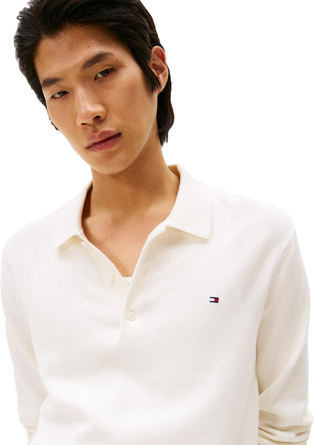 imageTommy Hilfiger Mens Cotton Cashmere Long Sleeve Pullover Sweater PoloIvory Petal
