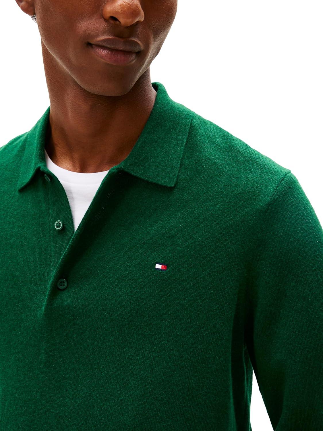 imageTommy Hilfiger Mens Cotton Cashmere Long Sleeve Pullover Sweater PoloOrnamental Green Heather