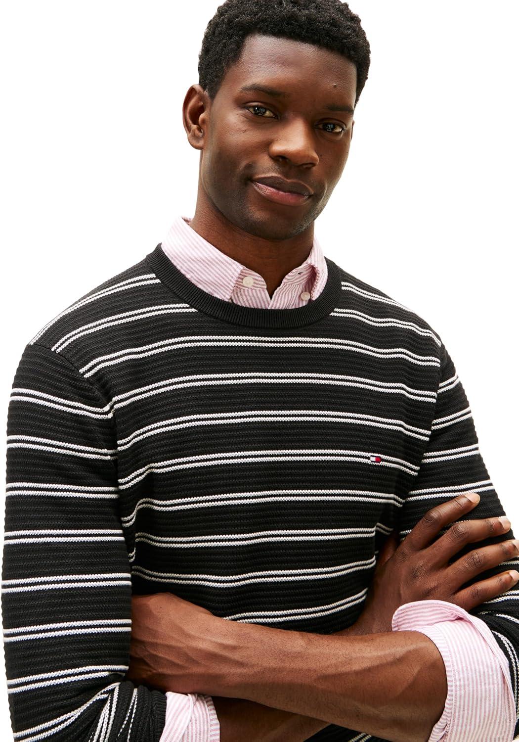 imageTommy Hilfiger Mens Cotton Knit Lightweight Crewneck Sweater PulloverBlackIvory Petal