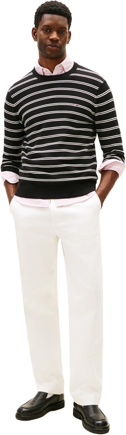 imageTommy Hilfiger Mens Cotton Knit Lightweight Crewneck Sweater PulloverBlackIvory Petal