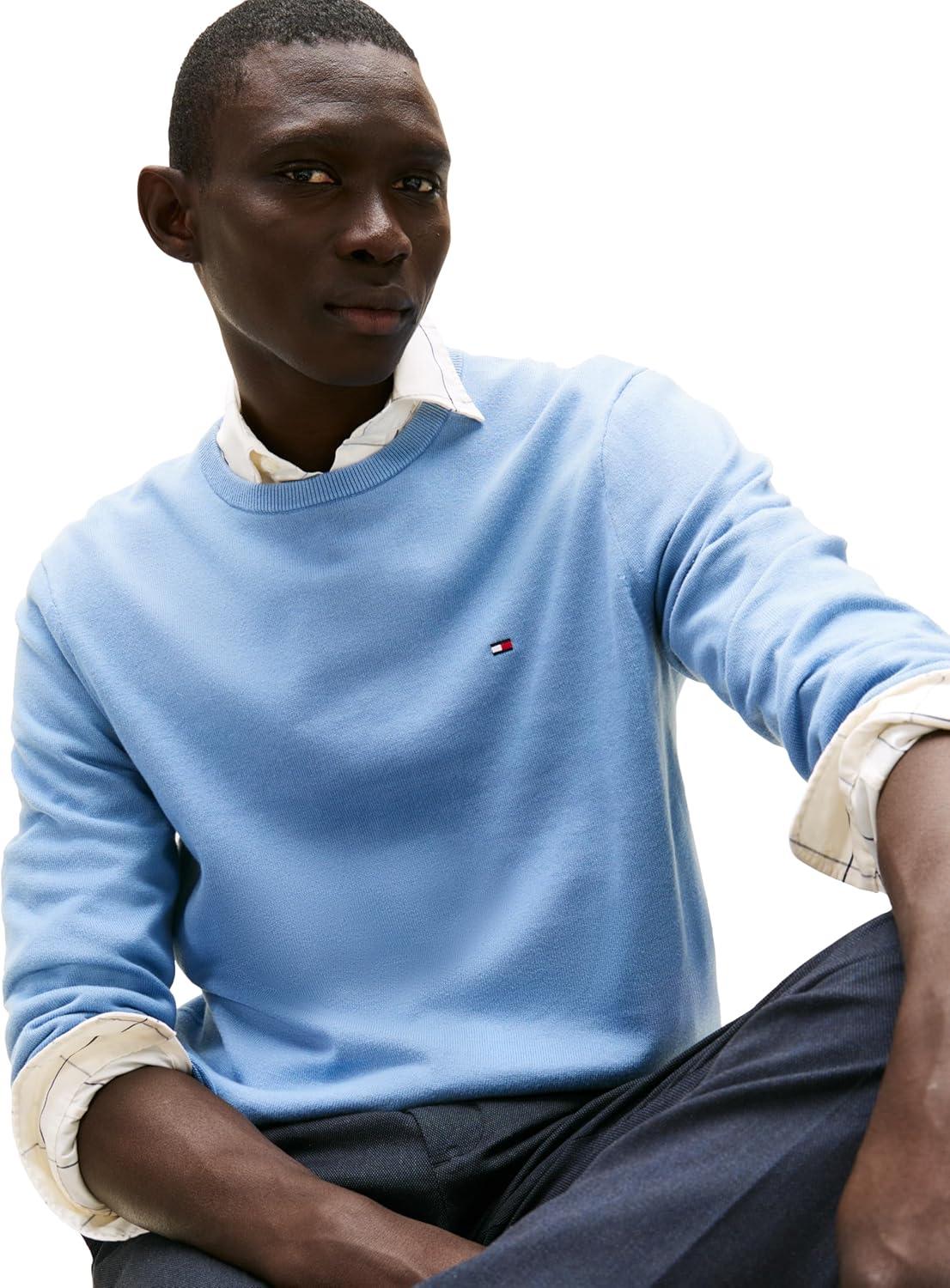 imageTommy Hilfiger Mens Cotton Solid Crewneck Sweater Lightweight Pullover Also Available in Big ampamp TallBrisk Blue