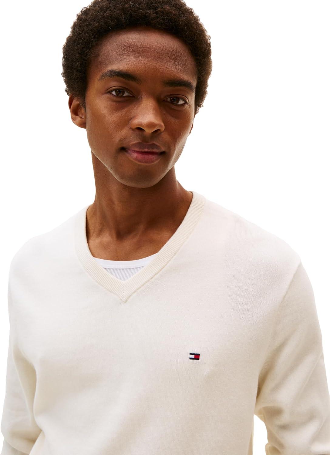 imageTommy Hilfiger Mens Cotton Solid V Neck Sweater Lightweight PulloverIvory Petal