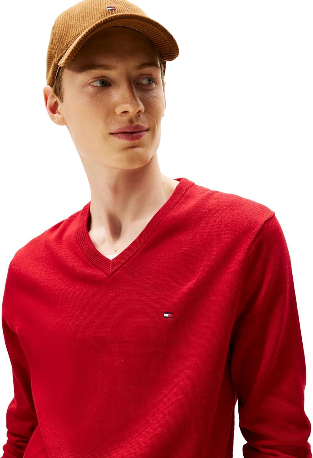 imageTommy Hilfiger Mens Cotton Solid V Neck Sweater Lightweight PulloverMedium Red