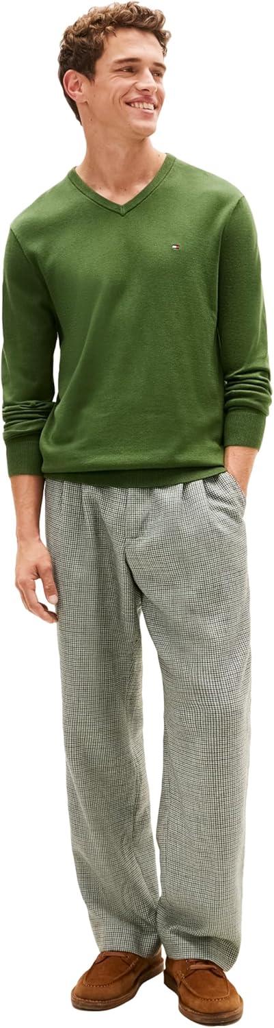 imageTommy Hilfiger Mens Cotton Solid V Neck Sweater Lightweight PulloverMountain Pine