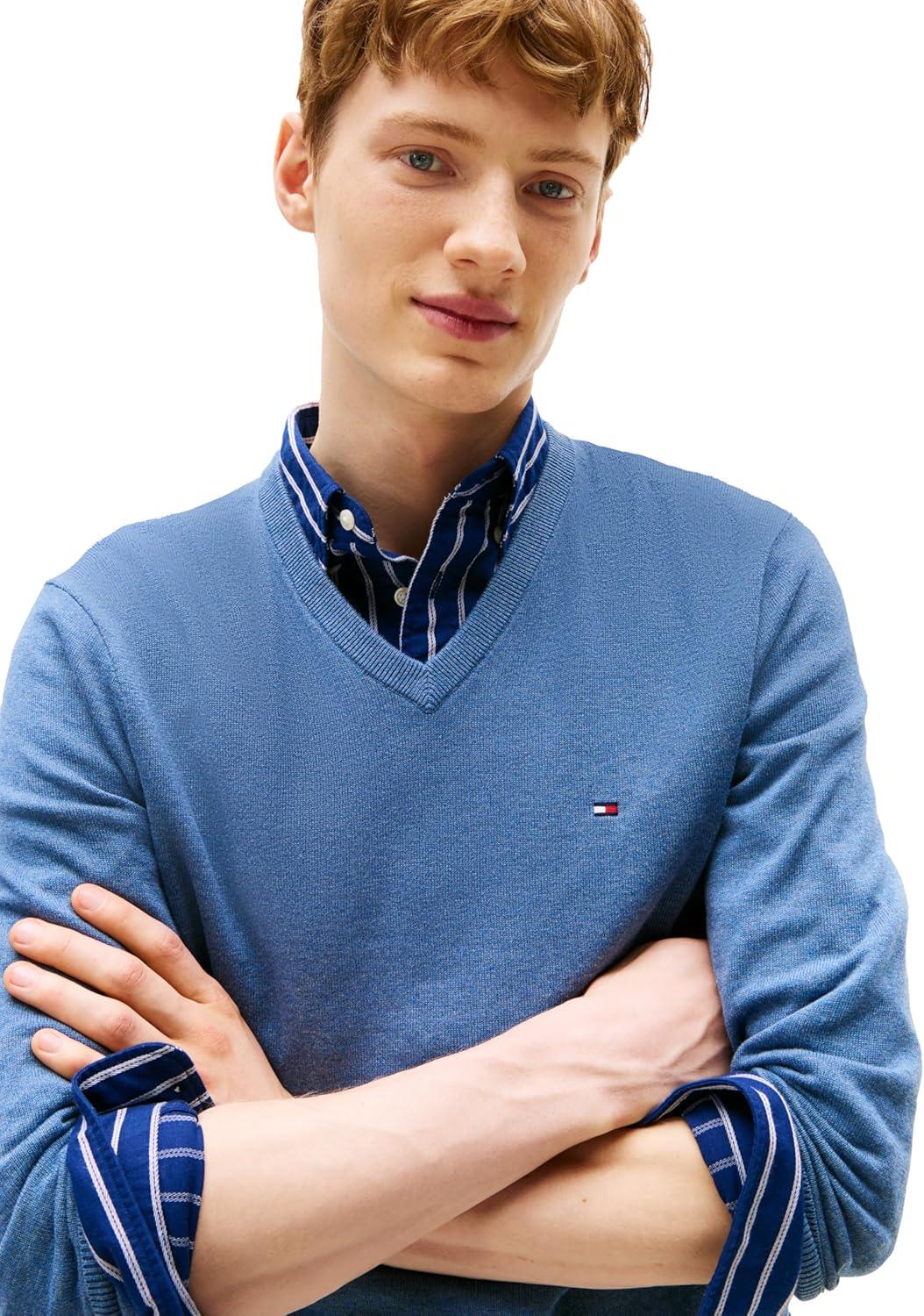 imageTommy Hilfiger Mens Cotton Solid V Neck Sweater Lightweight PulloverPetrol Blue Heather