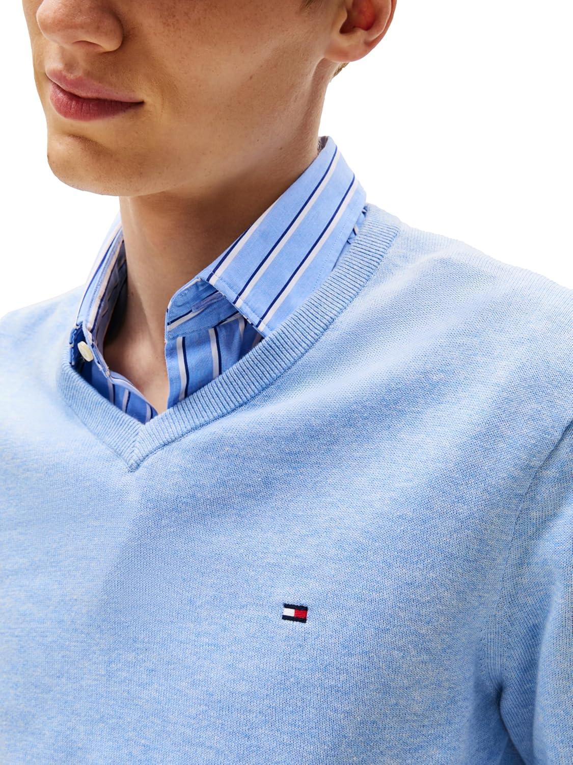 imageTommy Hilfiger Mens Cotton Solid V Neck Sweater Lightweight PulloverVessel Blue Heather