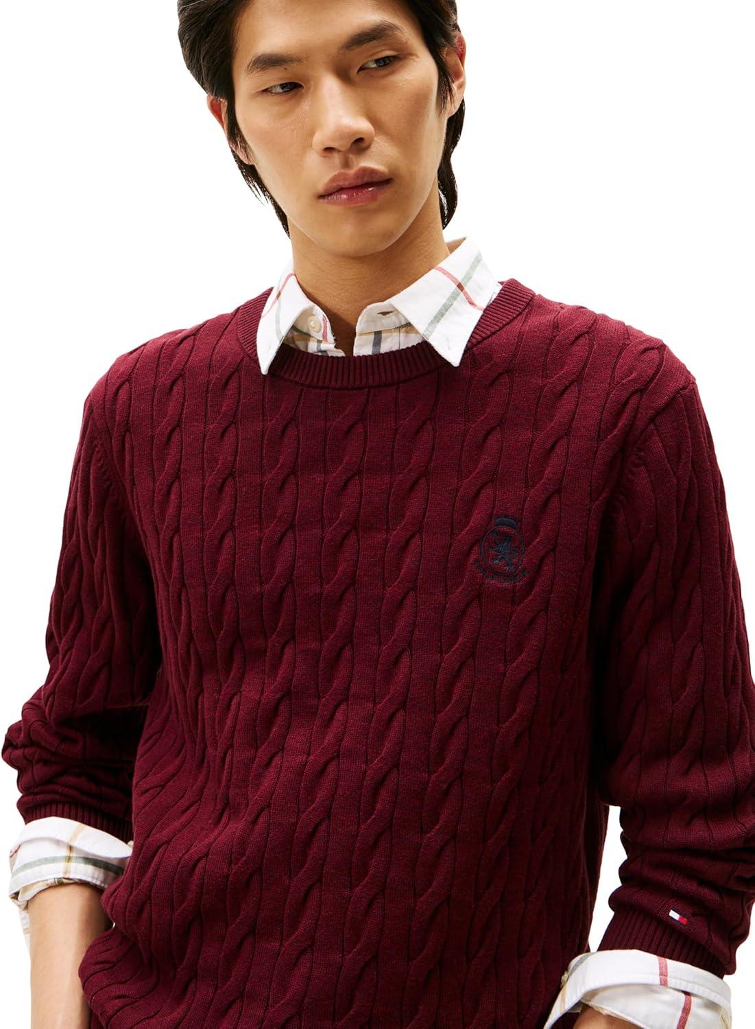 imageTommy Hilfiger Mens Crest Cable Knit Crewneck Sweater Lightweight PulloverDeep Burgundy Heather