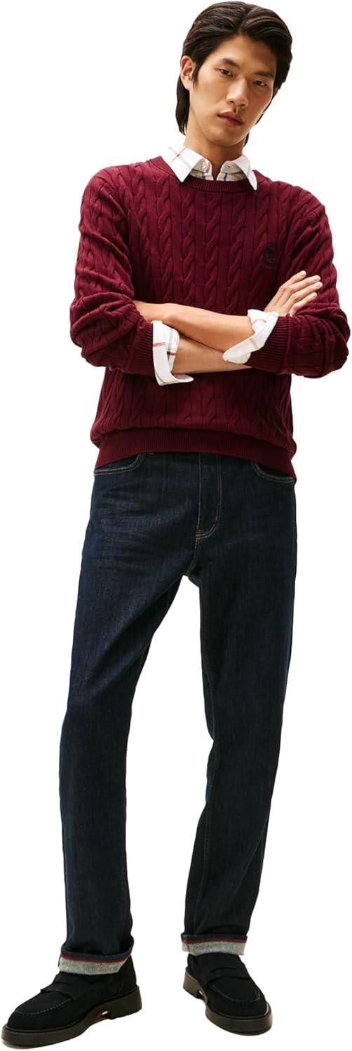imageTommy Hilfiger Mens Crest Cable Knit Crewneck Sweater Lightweight PulloverDeep Burgundy Heather