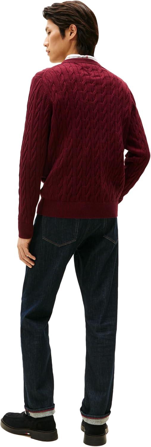imageTommy Hilfiger Mens Crest Cable Knit Crewneck Sweater Lightweight PulloverDeep Burgundy Heather