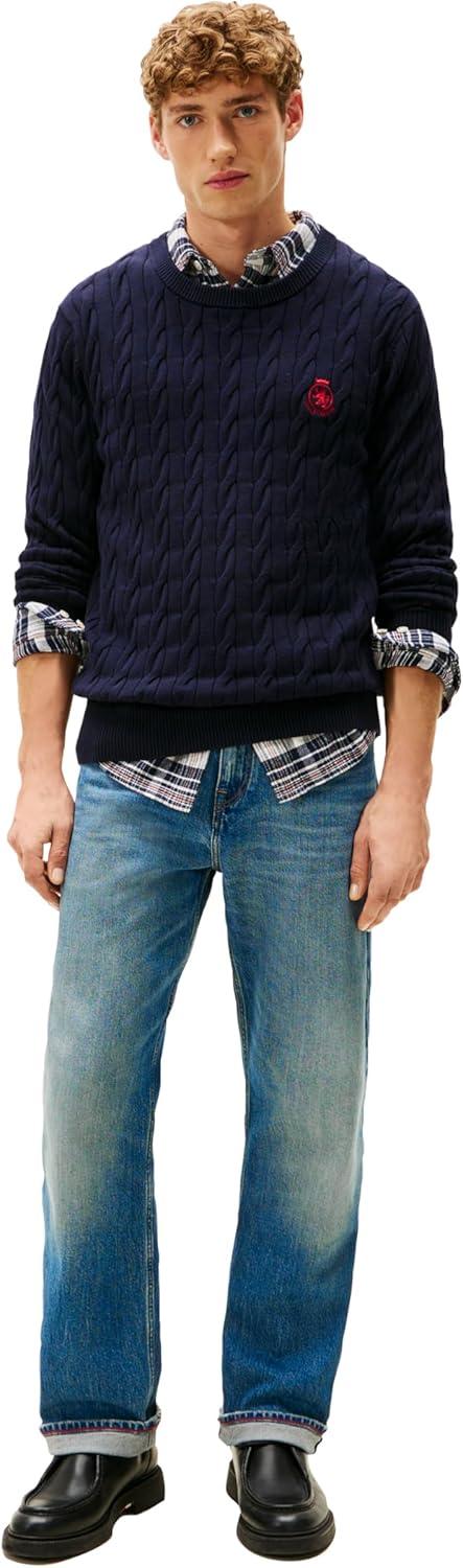 imageTommy Hilfiger Mens Crest Cable Knit Crewneck Sweater Lightweight PulloverDesert Sky
