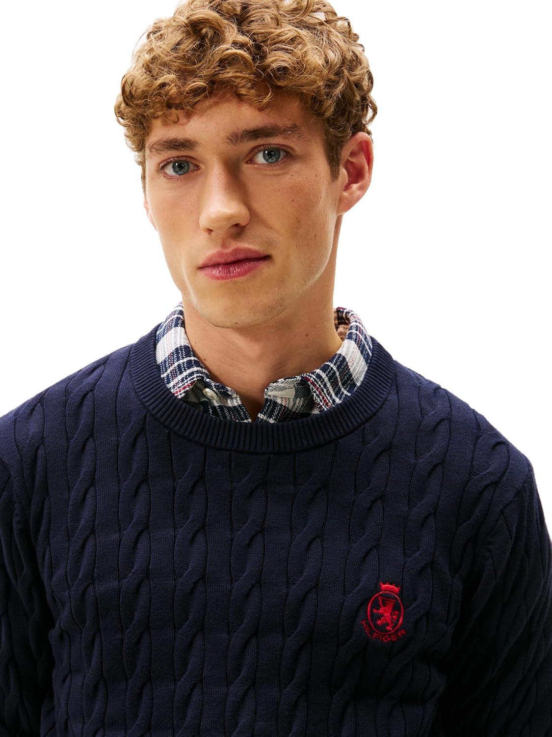 imageTommy Hilfiger Mens Crest Cable Knit Crewneck Sweater Lightweight PulloverDesert Sky