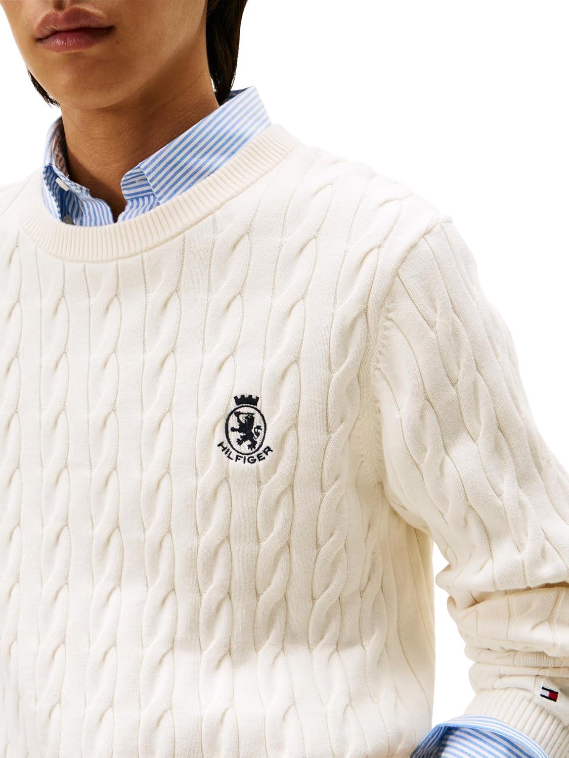 imageTommy Hilfiger Mens Crest Cable Knit Crewneck Sweater Lightweight PulloverIvory Petal