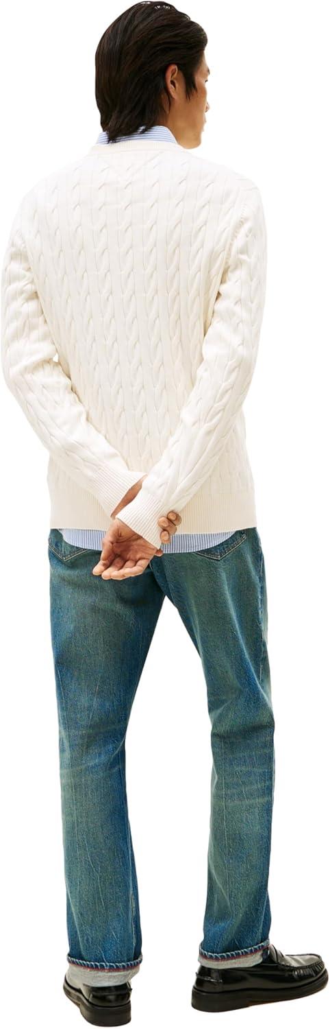 imageTommy Hilfiger Mens Crest Cable Knit Crewneck Sweater Lightweight PulloverIvory Petal