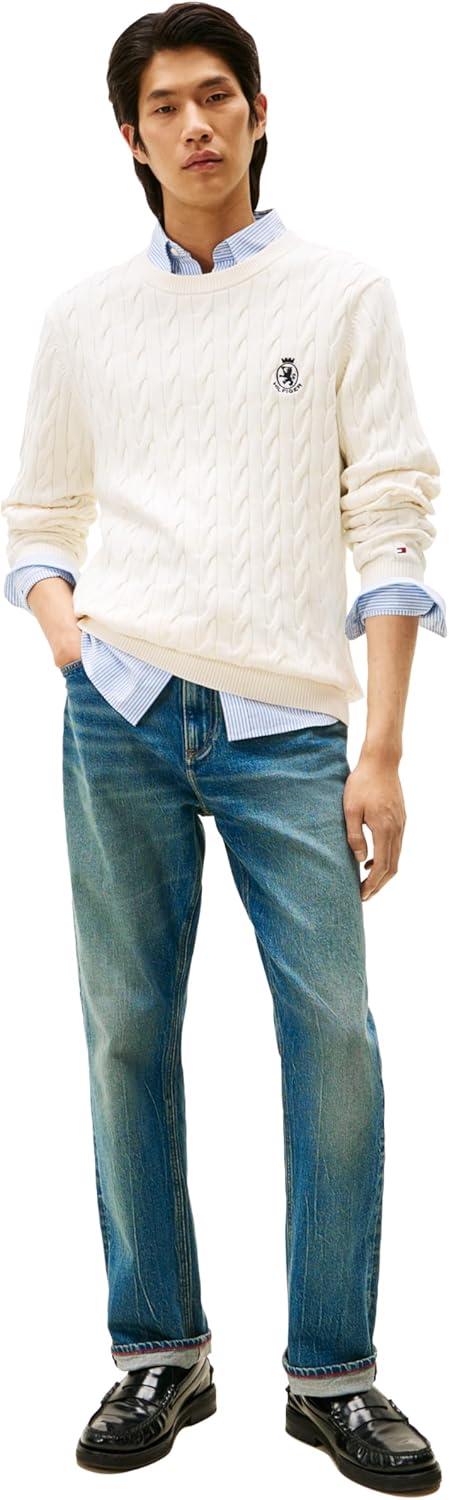 imageTommy Hilfiger Mens Crest Cable Knit Crewneck Sweater Lightweight PulloverIvory Petal