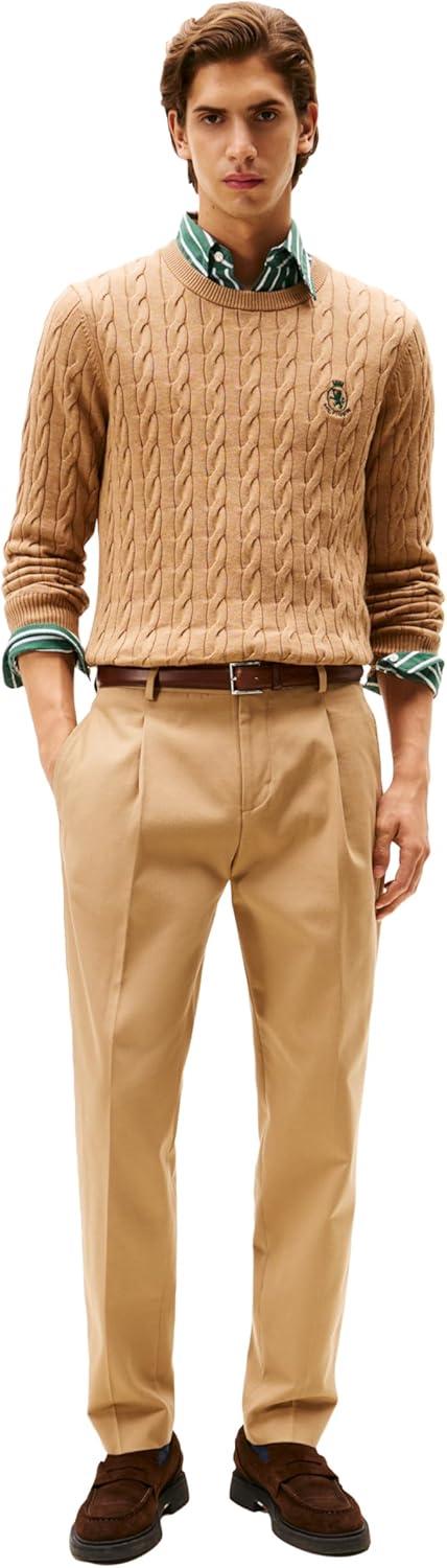 imageTommy Hilfiger Mens Crest Cable Knit Crewneck Sweater Lightweight PulloverSafari Canvas Heather