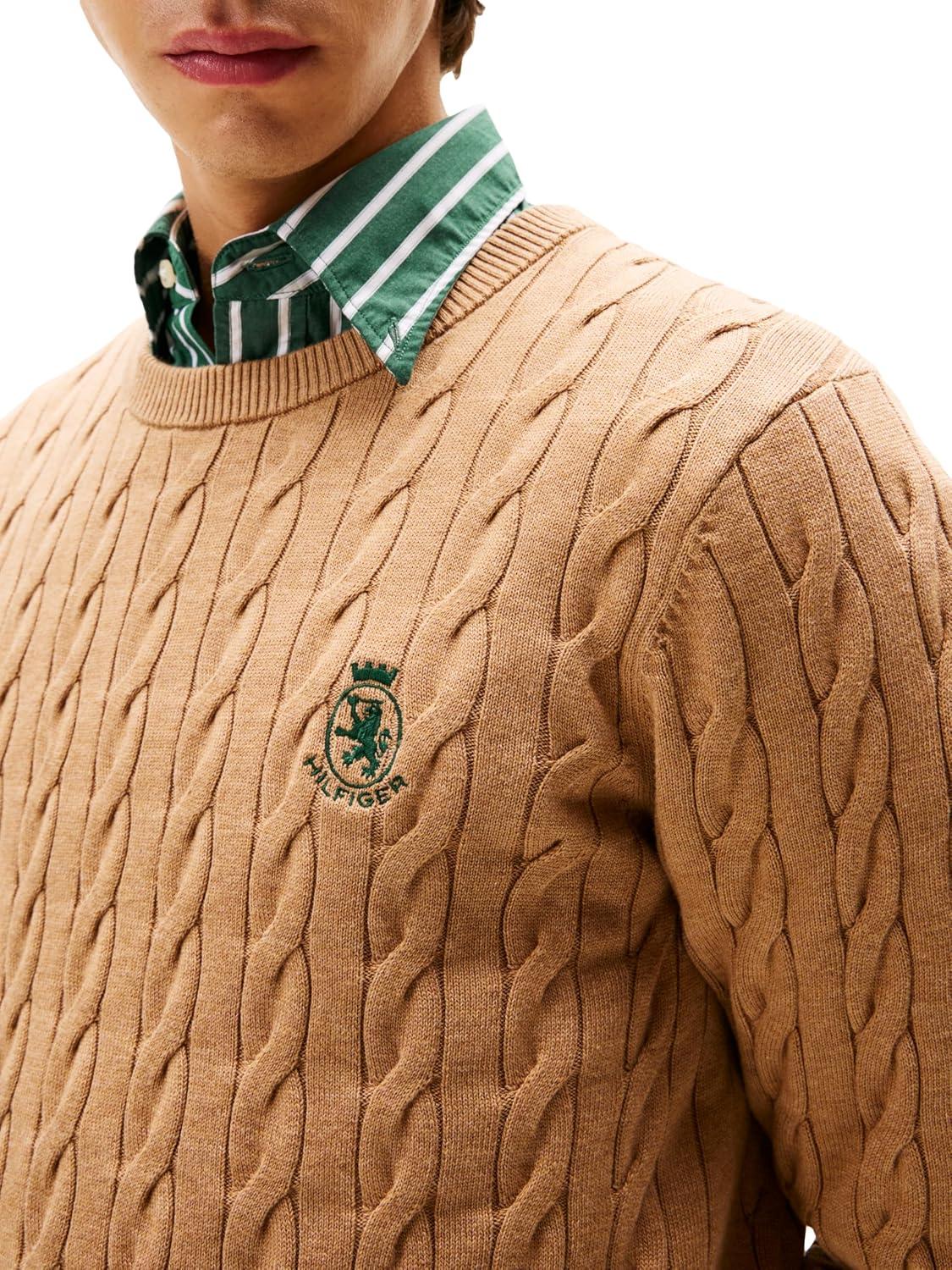 imageTommy Hilfiger Mens Crest Cable Knit Crewneck Sweater Lightweight PulloverSafari Canvas Heather
