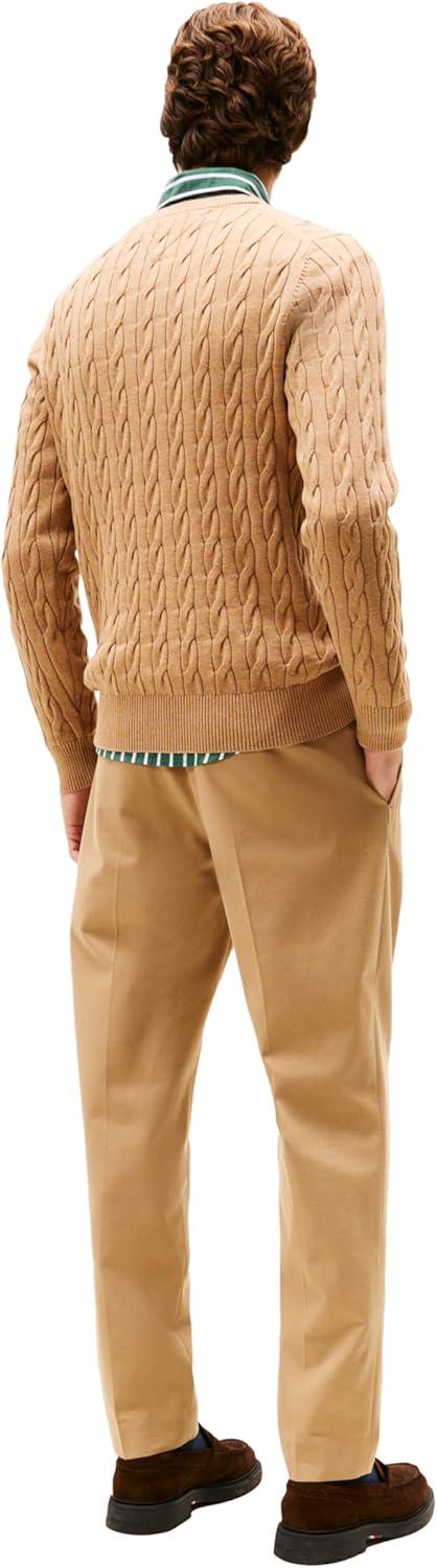 imageTommy Hilfiger Mens Crest Cable Knit Crewneck Sweater Lightweight PulloverSafari Canvas Heather