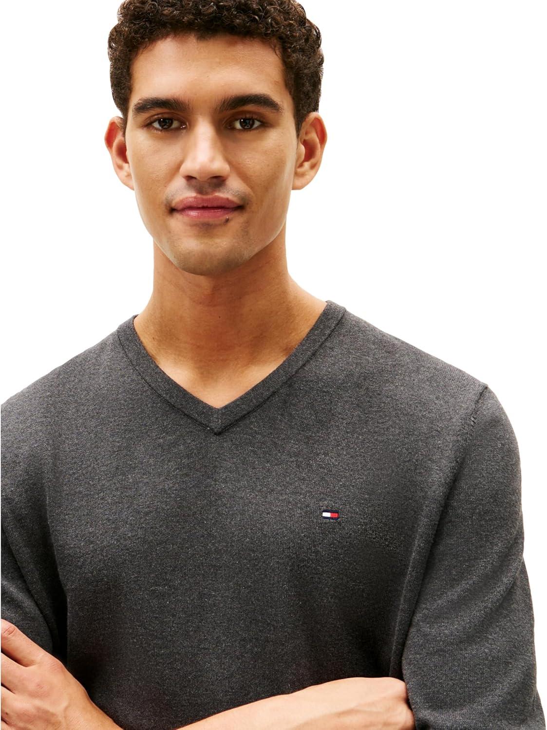 imageTommy Hilfiger Mens Essential Long Sleeve Cotton VNeck Pullover SweaterAsphalt Heather