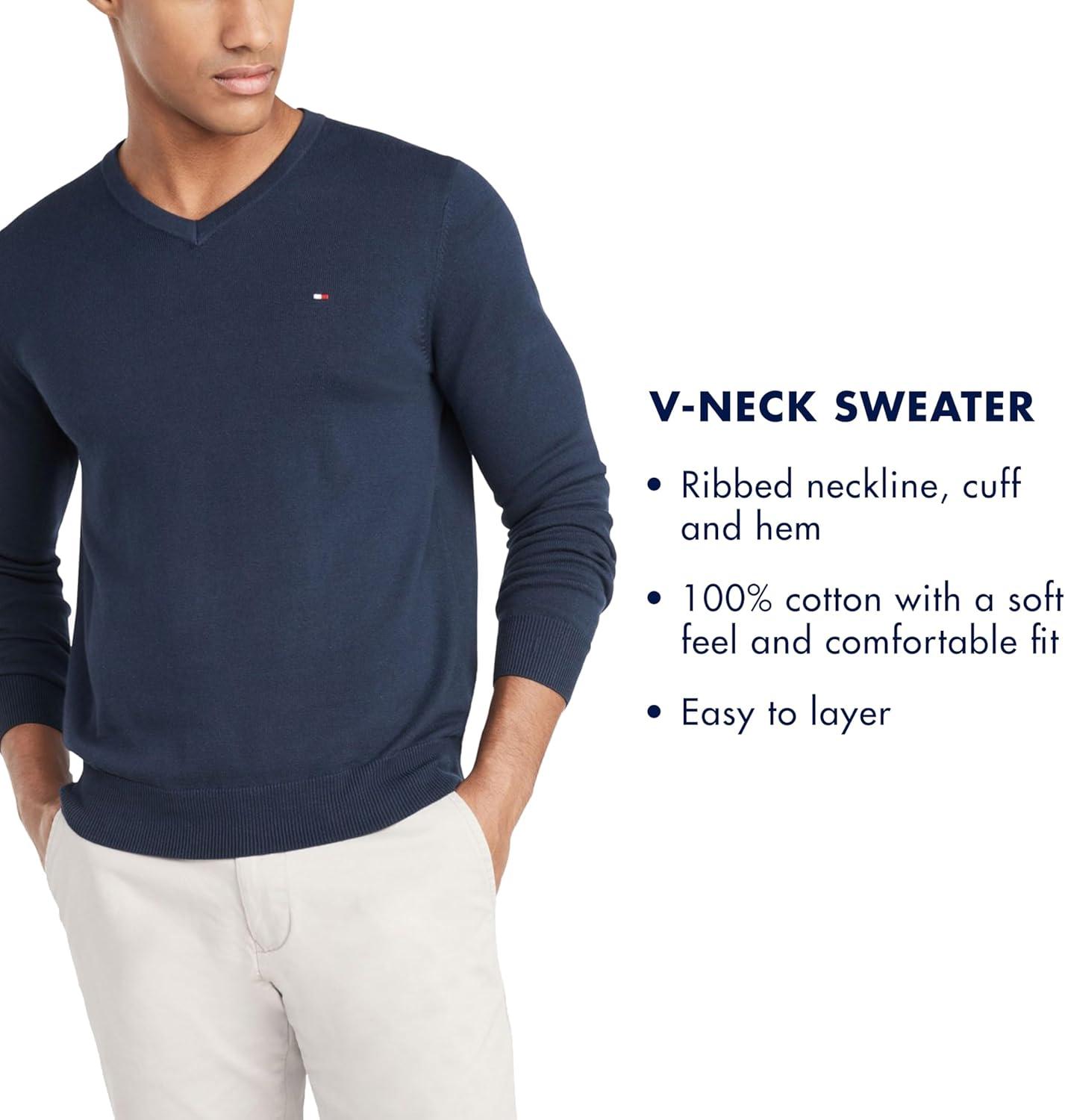 imageTommy Hilfiger Mens Essential Long Sleeve Cotton VNeck Pullover SweaterBeige Heather
