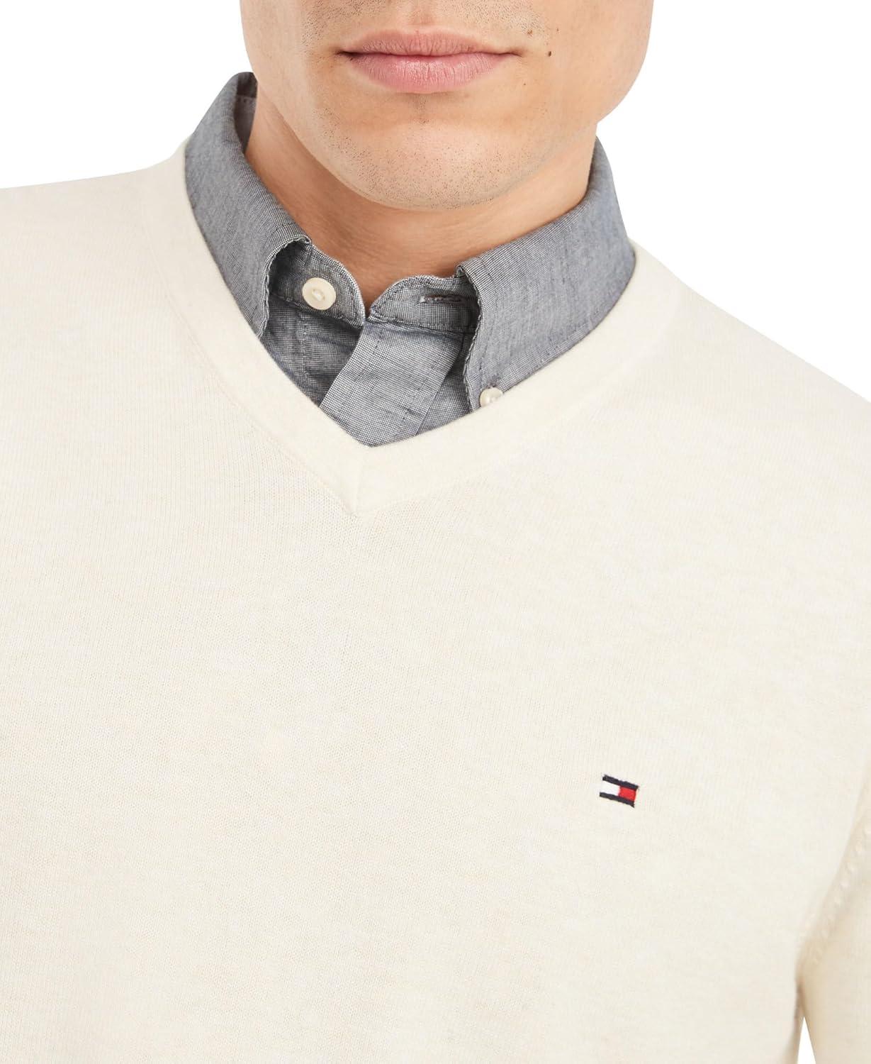 imageTommy Hilfiger Mens Essential Long Sleeve Cotton VNeck Pullover SweaterBeige Heather