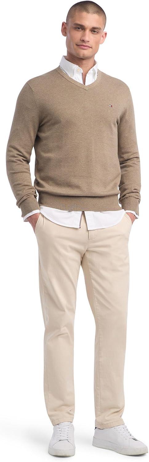 imageTommy Hilfiger Mens Essential Long Sleeve Cotton VNeck Pullover SweaterDark Beige Heather