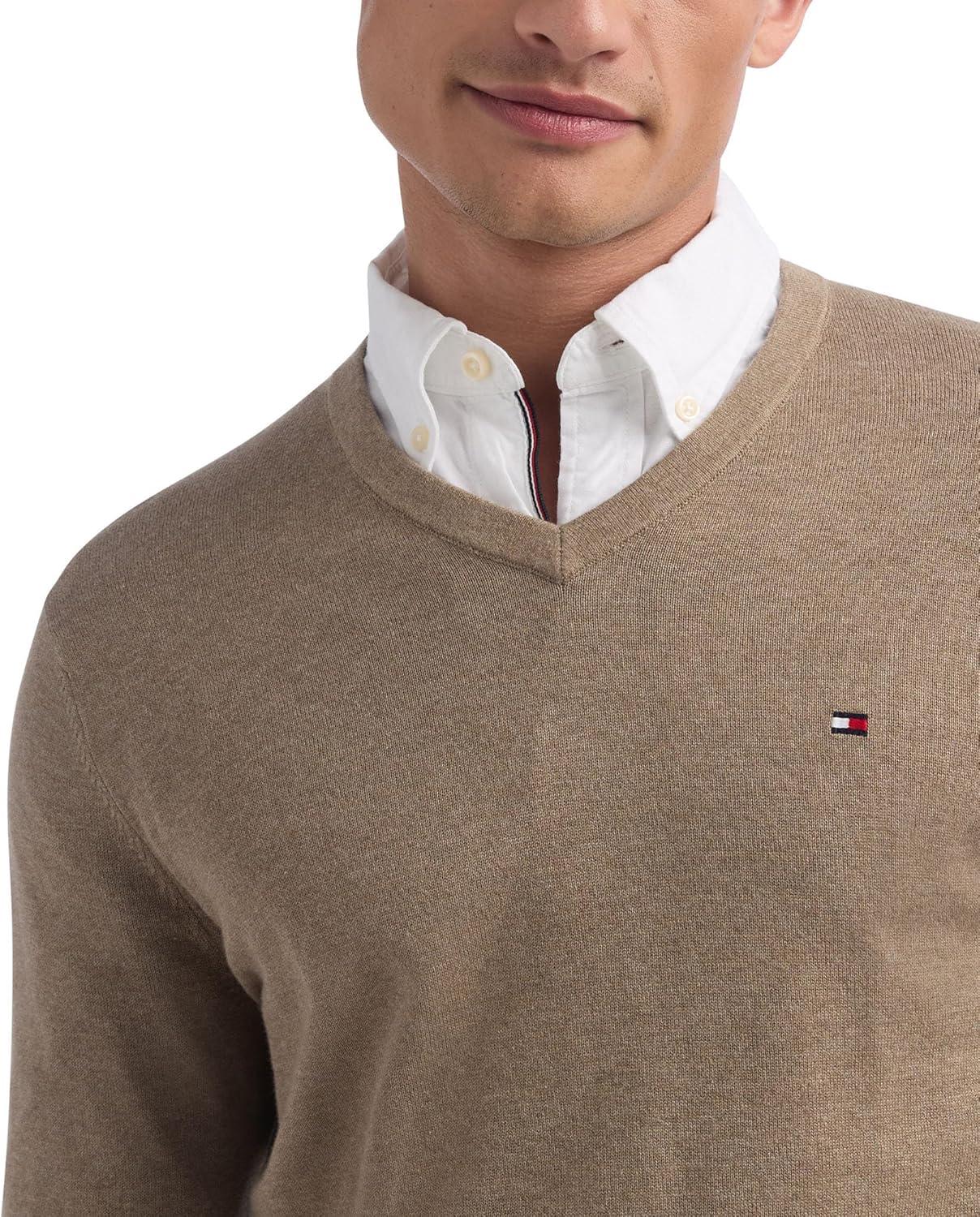 imageTommy Hilfiger Mens Essential Long Sleeve Cotton VNeck Pullover SweaterDark Beige Heather