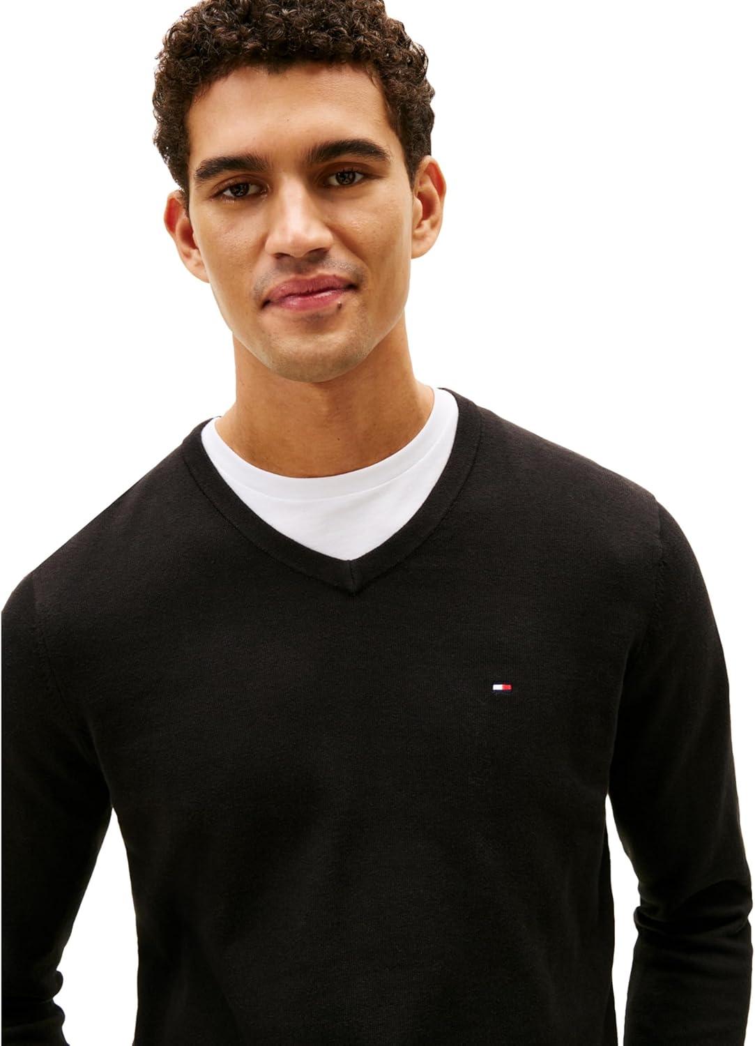 imageTommy Hilfiger Mens Essential Long Sleeve Cotton VNeck Pullover SweaterDeep Knit Black
