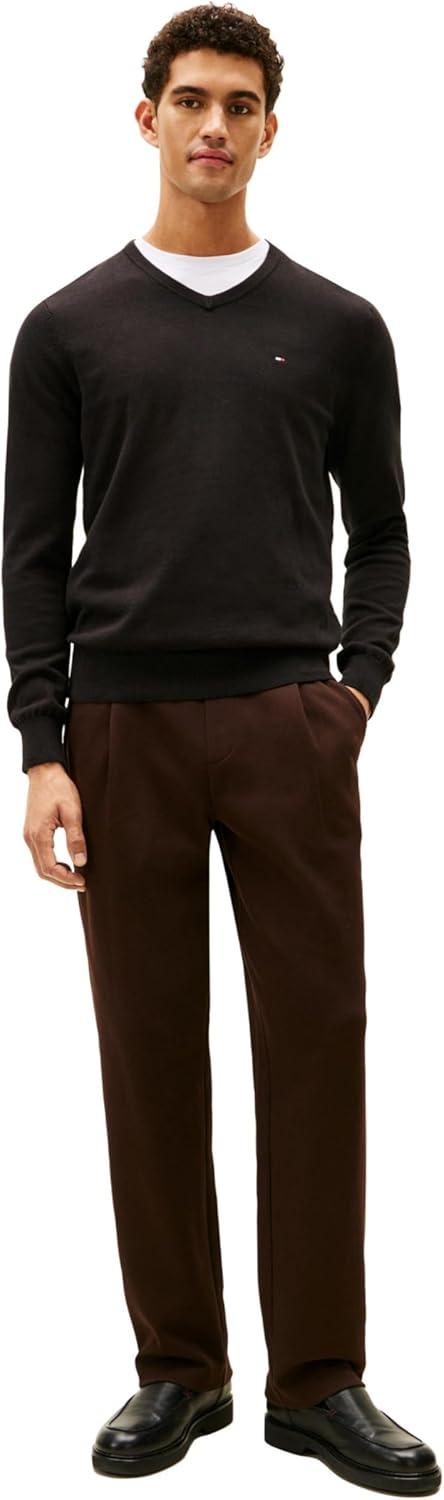 imageTommy Hilfiger Mens Essential Long Sleeve Cotton VNeck Pullover SweaterDeep Knit Black