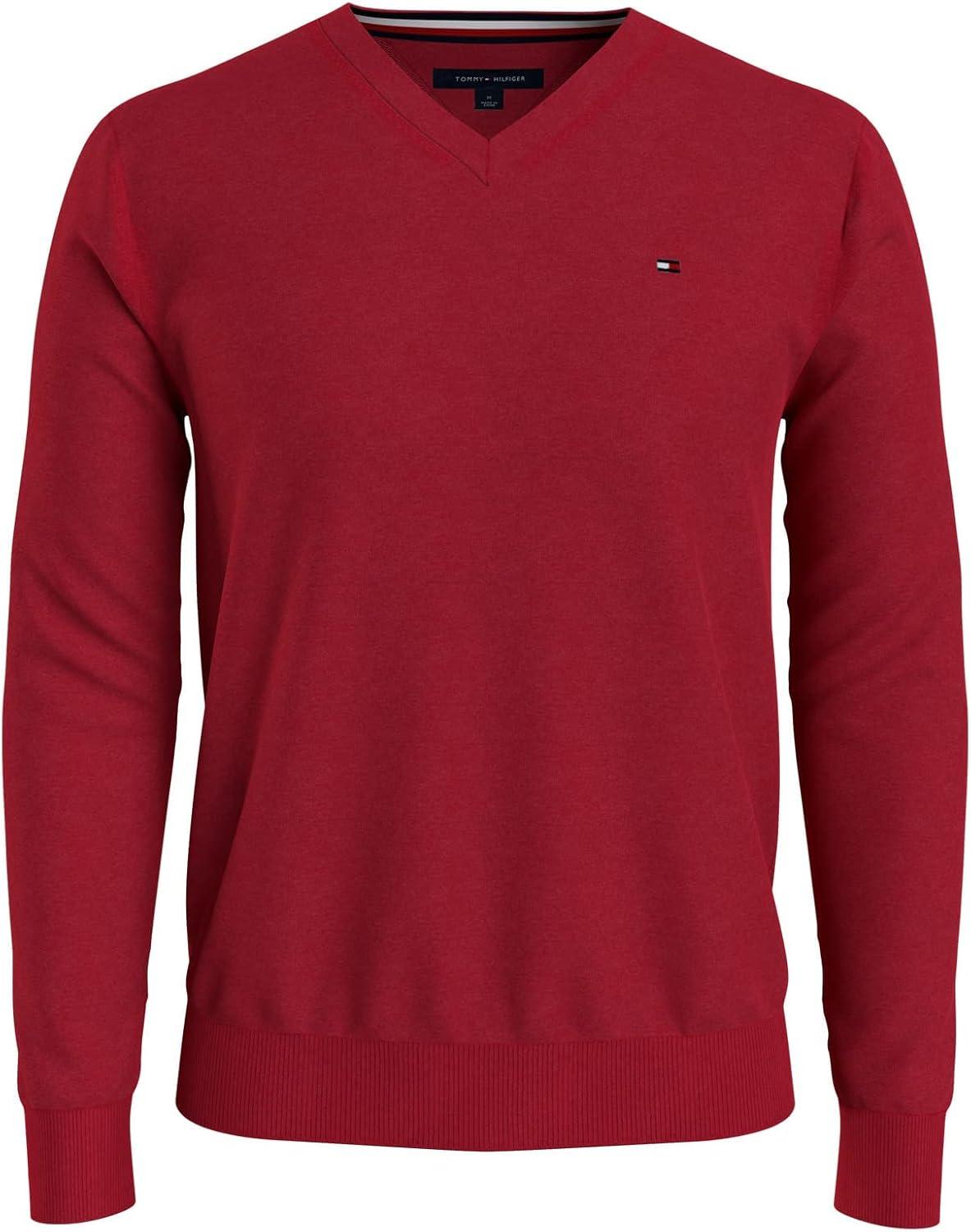 imageTommy Hilfiger Mens Essential Long Sleeve Cotton VNeck Pullover SweaterHaute Red