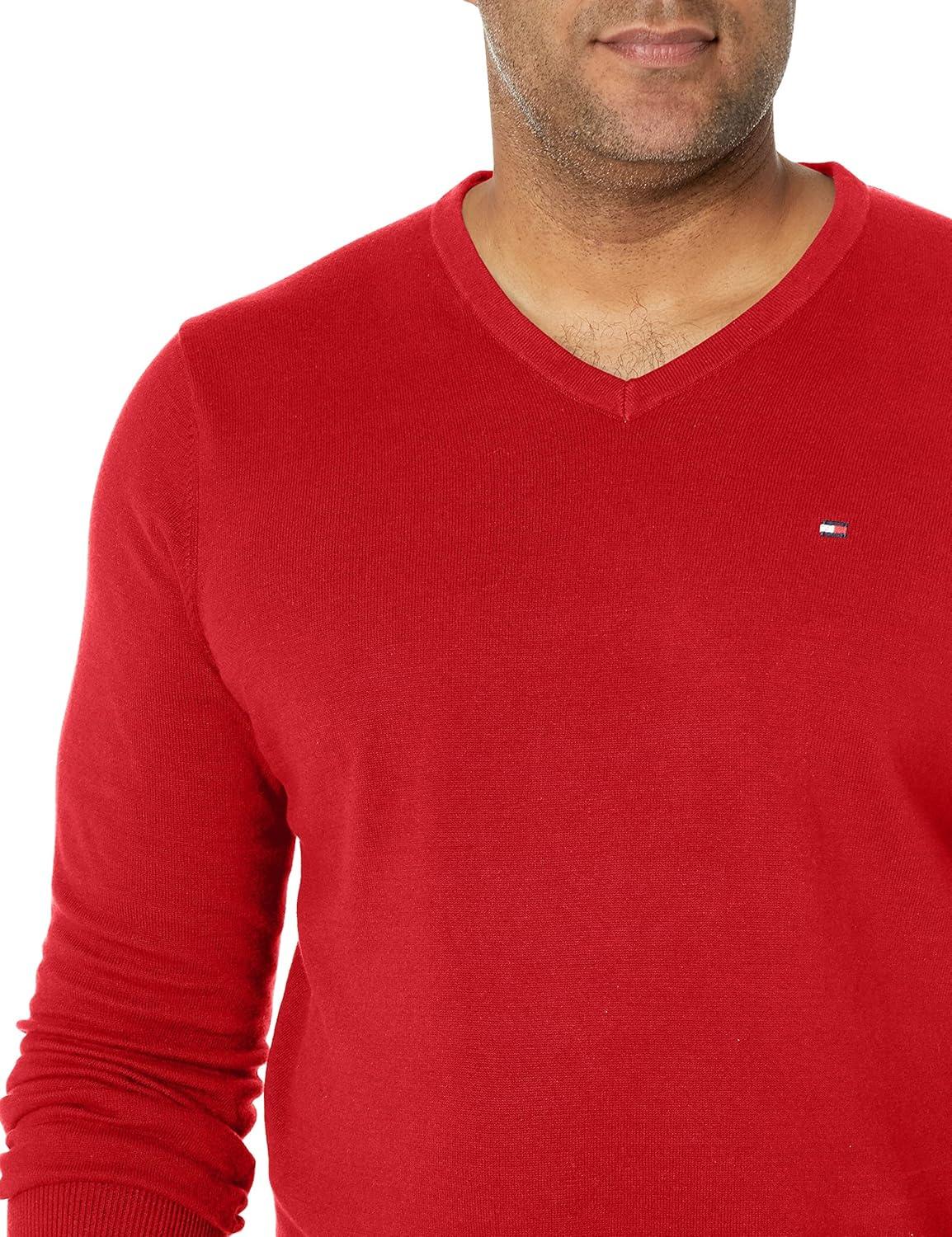 imageTommy Hilfiger Mens Essential Long Sleeve Cotton VNeck Pullover SweaterHaute Red