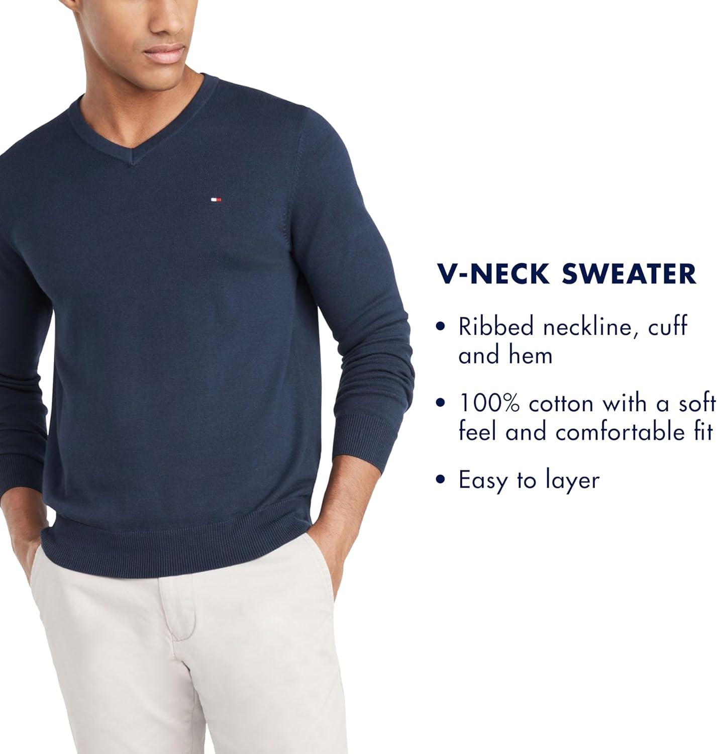 imageTommy Hilfiger Mens Essential Long Sleeve Cotton VNeck Pullover SweaterHaute Red